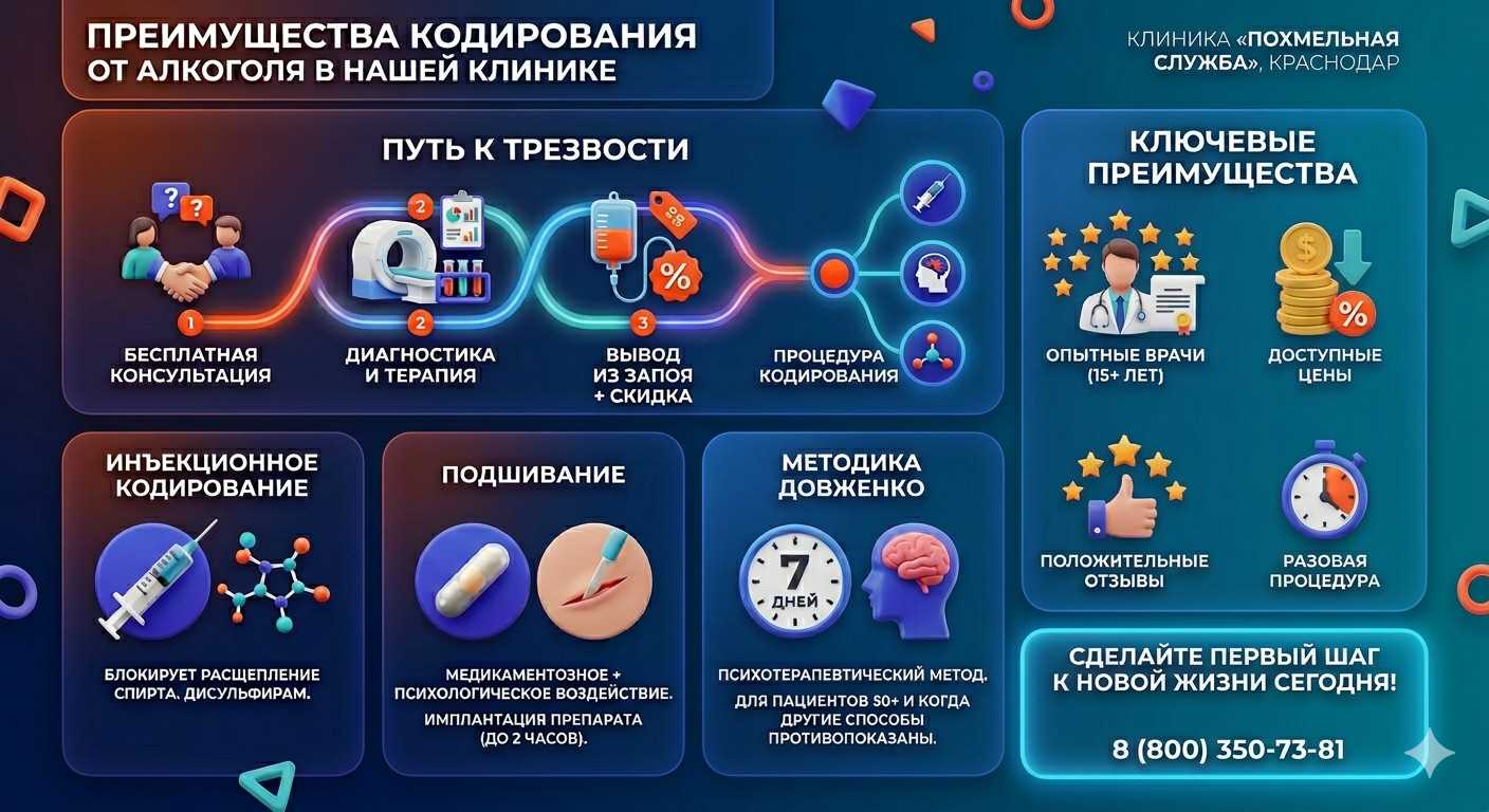 Инфографика о методах кодирования от алкоголя в Черном Яре: инъекции, подшивание, метод Довженко. Преимущества клиники и этапы лечения.