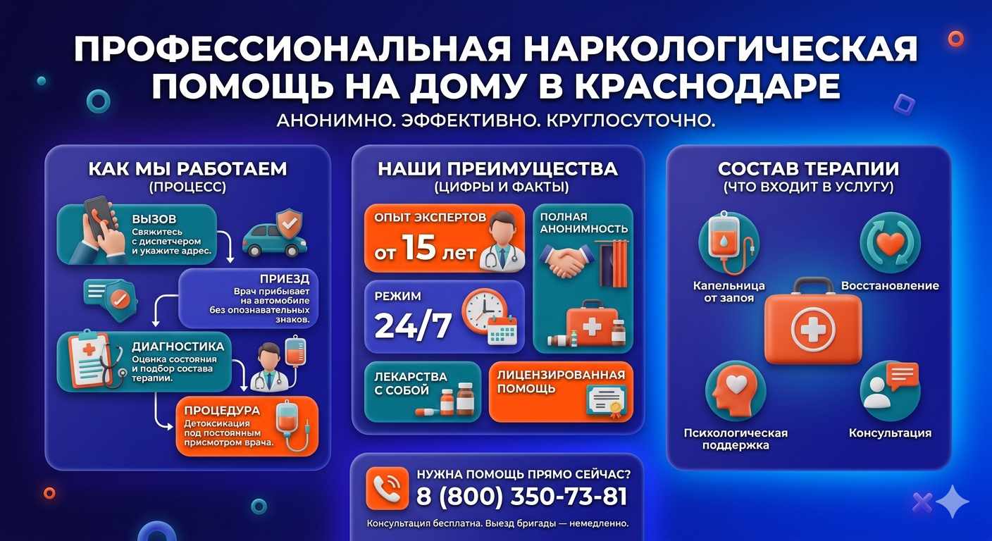 Инфографика о принципах лечения алкоголизма на дому в Черном Яре: этапы вызова нарколога, преимущества анонимной детоксикации и состав медицинской помощи.